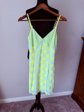 Forever 21 Neon Yellow & Pale Blue Checkered Slip Dress